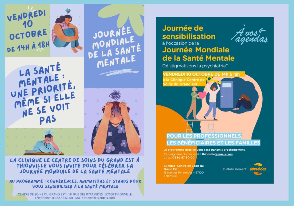 Affiche de la Journée mondiale de la santé mentale à Thionville, vendredi 10 octobre 2025, de 14h à 18h, avec conférences, animations et stands pour sensibiliser à la santé mentale.