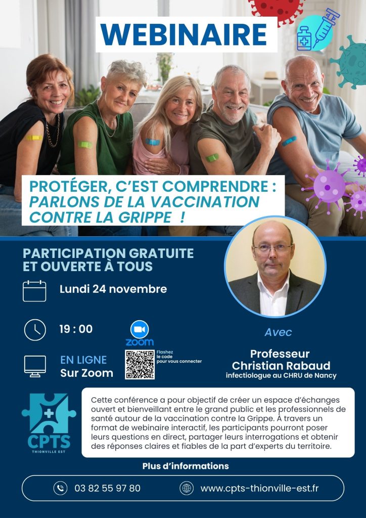 Affiche du webinaire organisé par la CPTS Thionville Est sur la vaccination contre la grippe, avec le Professeur Christian Rabaud, infectiologue au CHRU de Nancy.