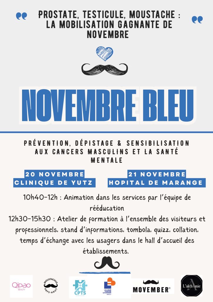 Affiche de la campagne Novembre Bleu 2025, prévention et sensibilisation aux cancers masculins et à la santé mentale, avec les dates d’évènements à la Clinique de Yutz et à l’Hôpital de Marange. 👉 Alt-text clair, descriptif, utile, sans mots-clés artificiels. 2. Titre de l’image Novembre