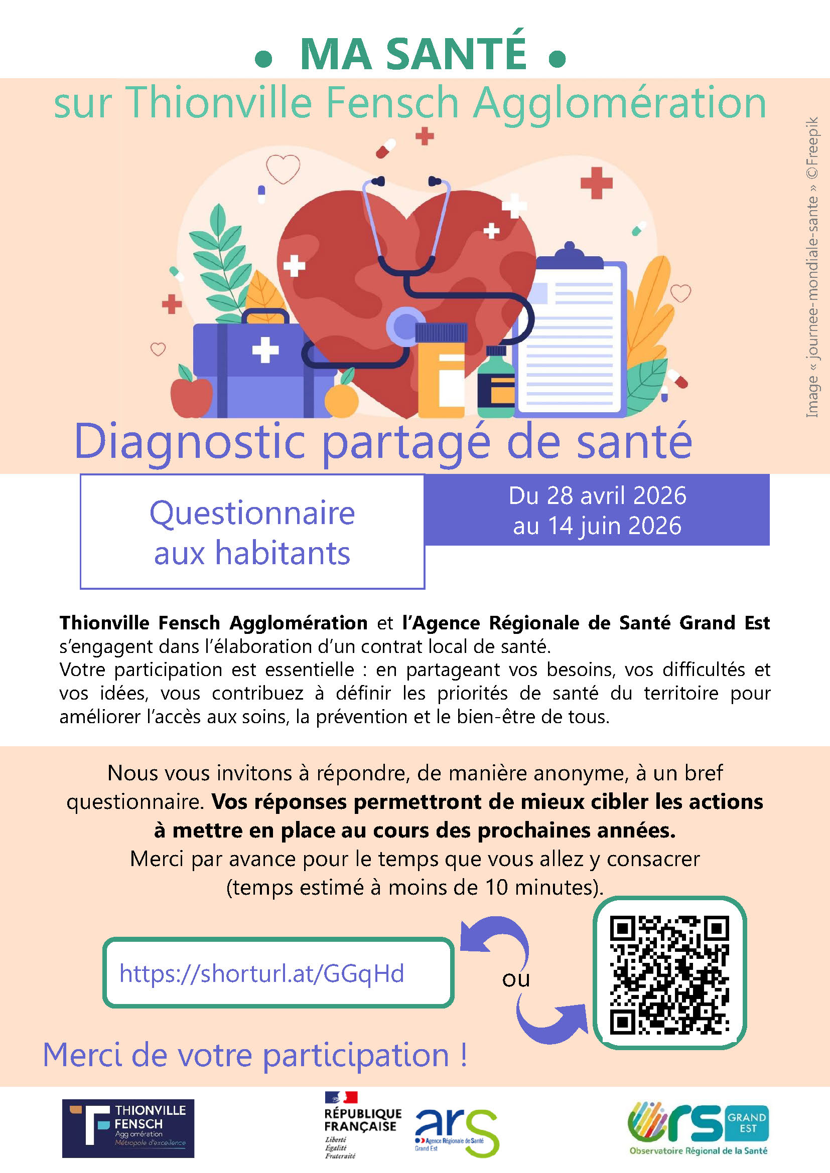 Affiche invitant les habitants de Thionville Fensch Agglomération à participer au diagnostic partagé de santé dans le cadre du Contrat Local de Santé 2026