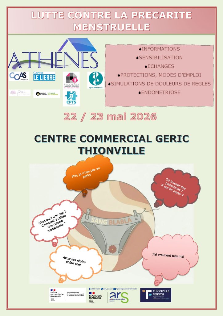 Affiche de l'événement Sang Blabla 2026 consacré à la lutte contre la précarité menstruelle au centre commercial GERIC de Thionville