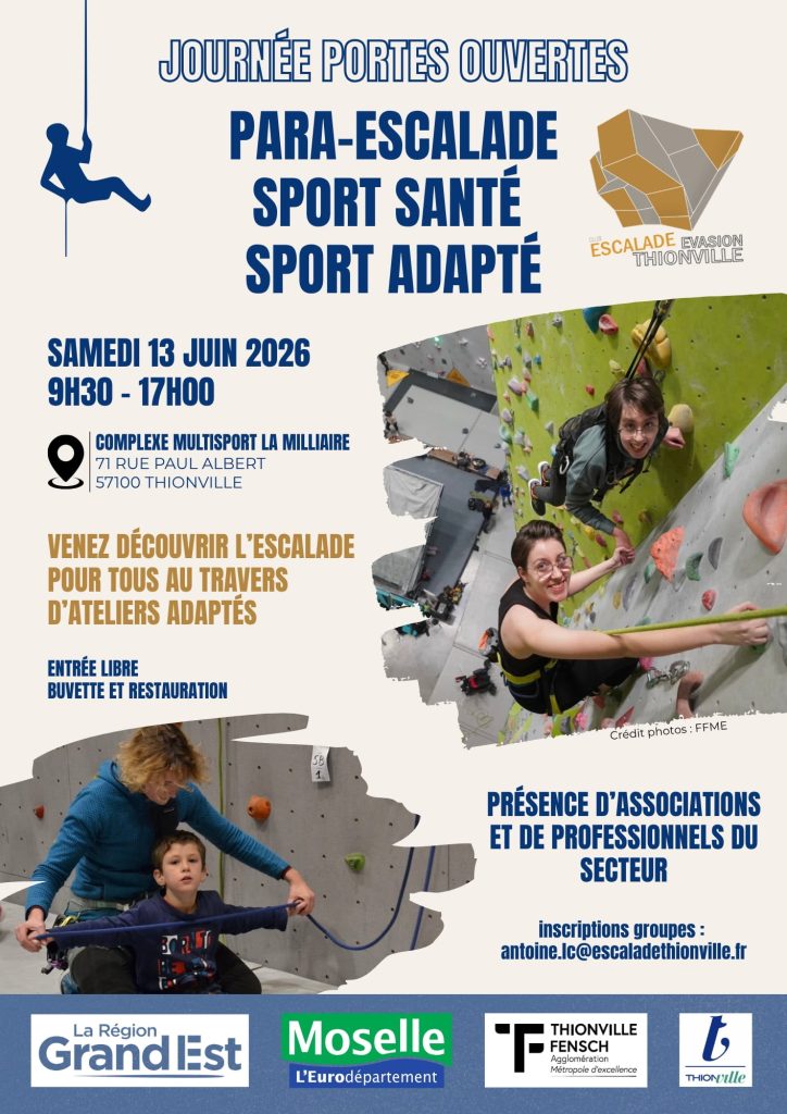Affiche de la Journée Portes Ouvertes Para-Escalade, Sport Santé et Sport Adapté organisée à Thionville le 13 juin 2026